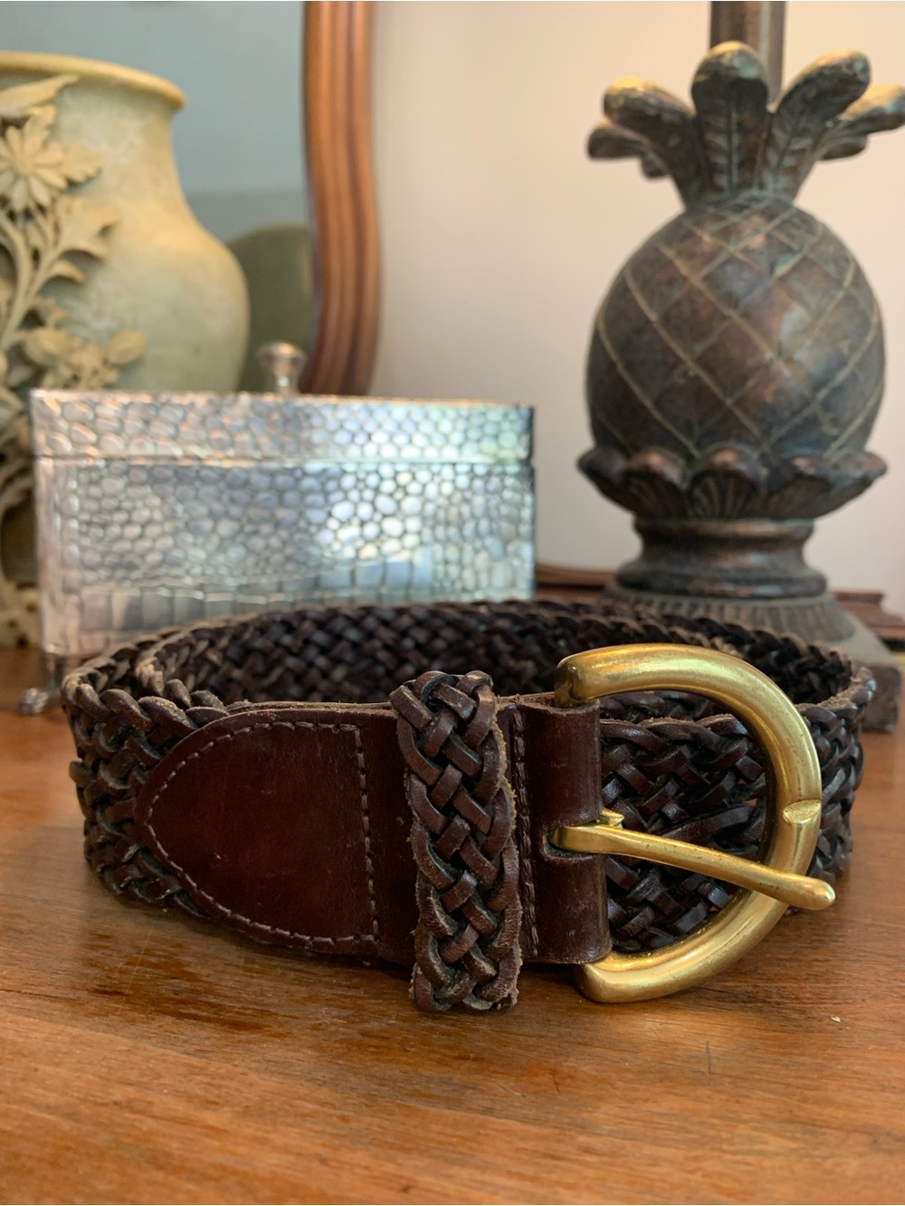 Womens COACH Brown Woven Belt w Brass Buckle